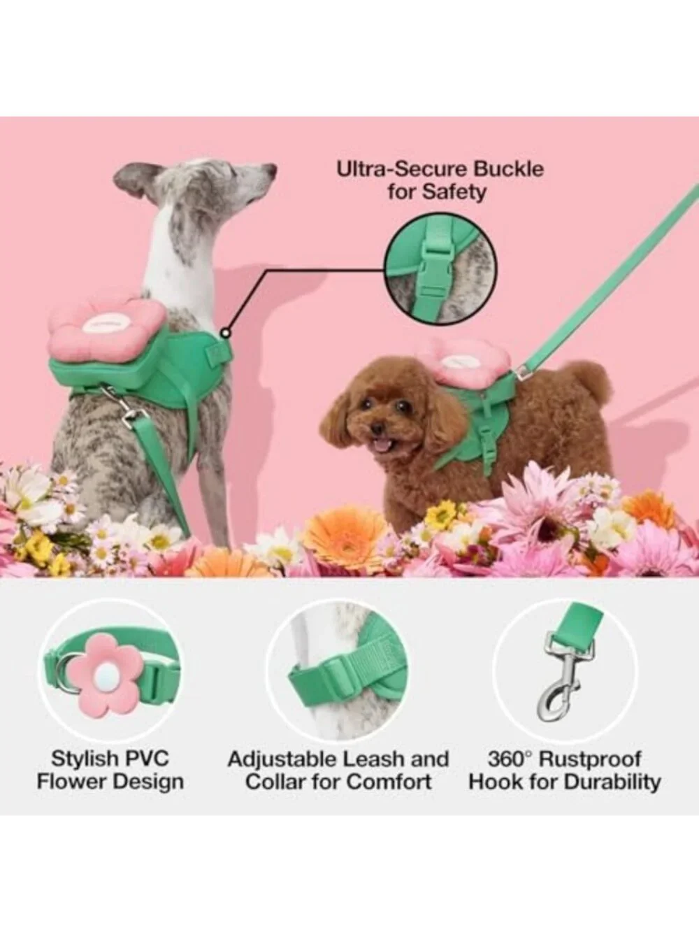 Floral Dog Harness Set with Leash & Collar - No Pull Vest for Small Dogs